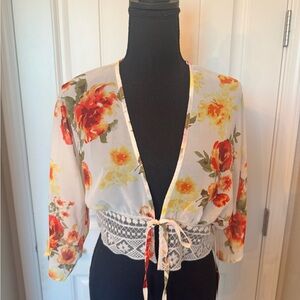Timing Floral Tie-Front Sheer Kimono Crop Top - White with Red & Yellow Flowers